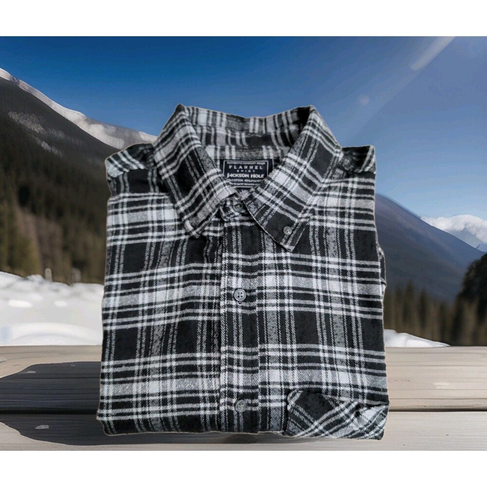 JACKSON HOLE FLANNEL BUTTON DOWN SHIRT MENS SIZE XL GRAY PLAID WYOMING  EUC